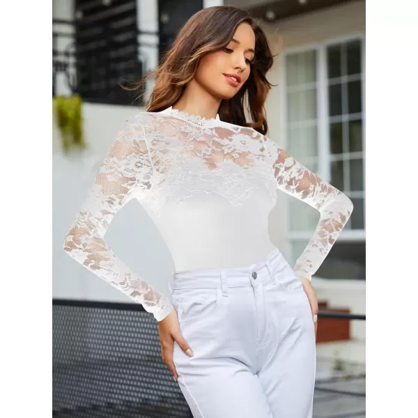 WDIRARA Women's Floral Lace Mock Neck Long Sleeve Mesh Sheer Skinny Bodysuit