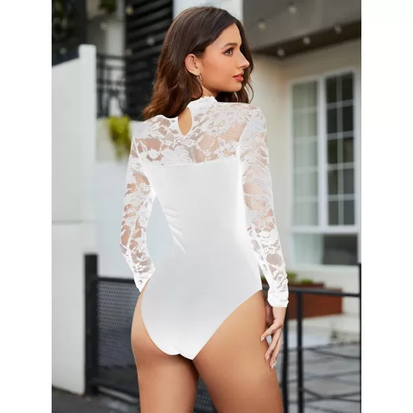 WDIRARA Women's Floral Lace Mock Neck Long Sleeve Mesh Sheer Skinny Bodysuit