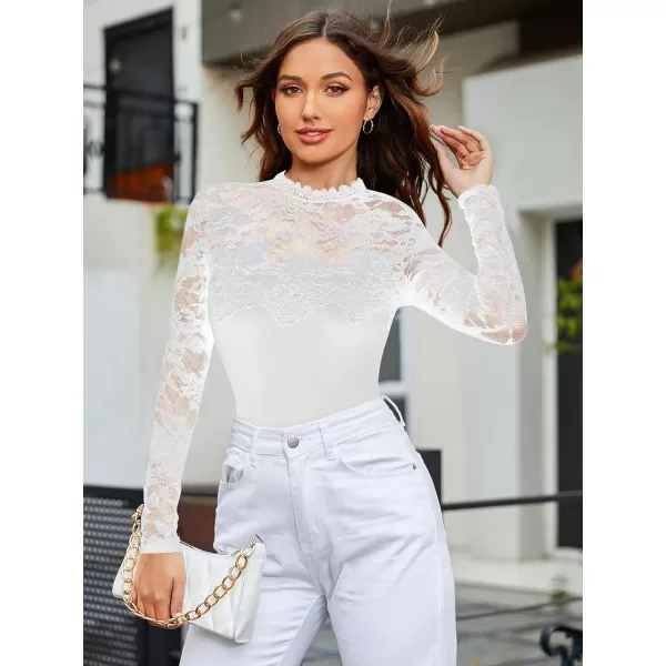 WDIRARA Women's Floral Lace Mock Neck Long Sleeve Mesh Sheer Skinny Bodysuit