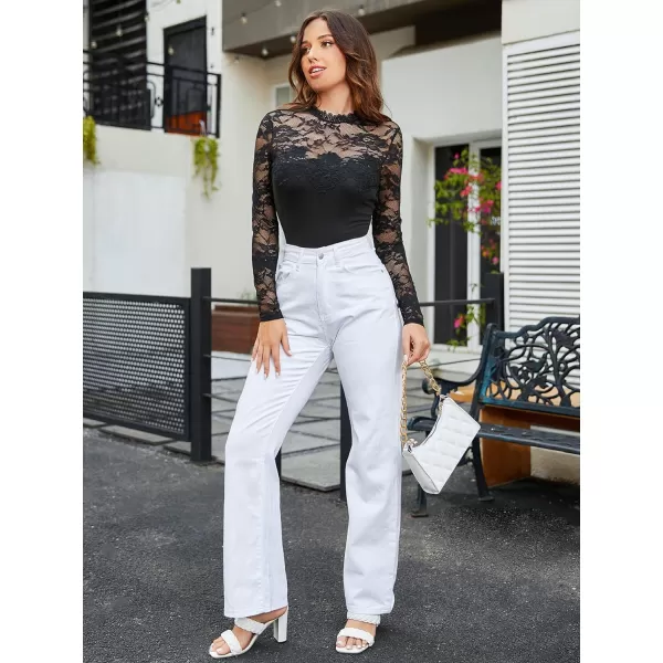WDIRARA Women's Floral Lace Mock Neck Long Sleeve Mesh Sheer Skinny Bodysuit
