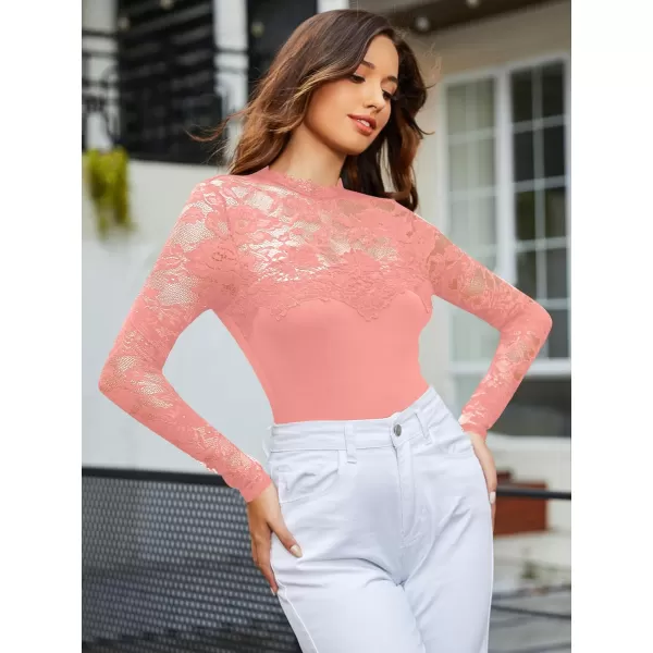 WDIRARA Women's Floral Lace Mock Neck Long Sleeve Mesh Sheer Skinny Bodysuit
