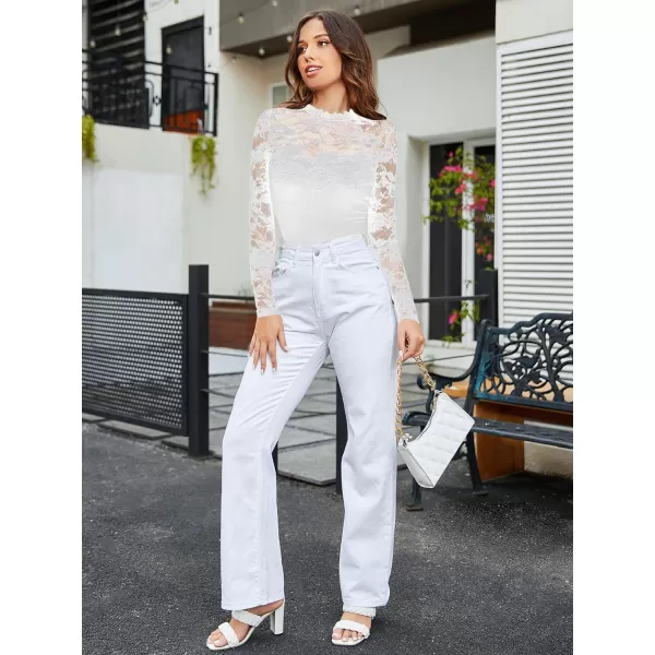 WDIRARA Women's Floral Lace Mock Neck Long Sleeve Mesh Sheer Skinny Bodysuit