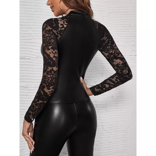 WDIRARA Women's Floral Lace Mock Neck Long Sleeve PU Leather Party Club Top