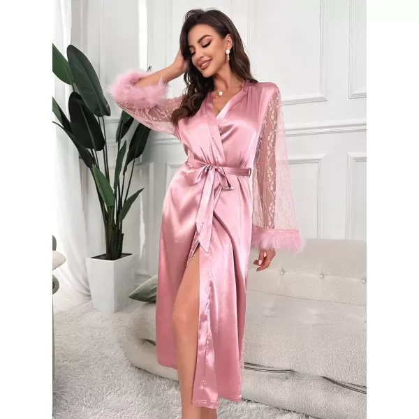 WDIRARA Women's Floral Lace Satin Long Robe Fuzzy Cuff V Neck Ruched Belted Long Sleeve Bridesmaid Wedding Party Robe