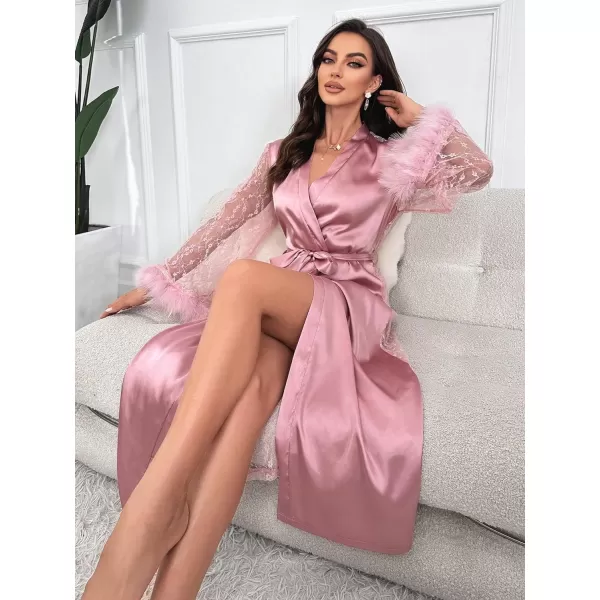 WDIRARA Women's Floral Lace Satin Long Robe Fuzzy Cuff V Neck Ruched Belted Long Sleeve Bridesmaid Wedding Party Robe