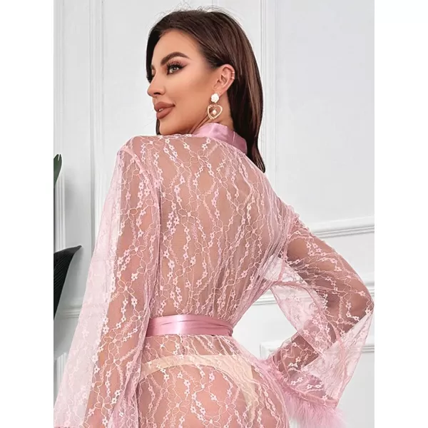 WDIRARA Women's Floral Lace Satin Long Robe Fuzzy Cuff V Neck Ruched Belted Long Sleeve Bridesmaid Wedding Party Robe