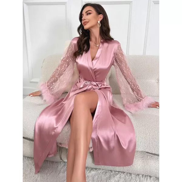 WDIRARA Women's Floral Lace Satin Long Robe Fuzzy Cuff V Neck Ruched Belted Long Sleeve Bridesmaid Wedding Party Robe