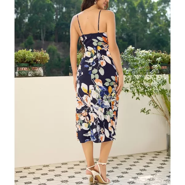 WDIRARA Women's Floral Print Cowl Neck Sleeveless Ruched Split Thigh Satin Cami Summer Dress
