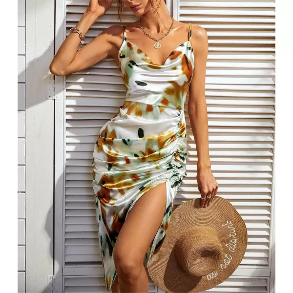 WDIRARA Women's Floral Print Cowl Neck Sleeveless Ruched Split Thigh Satin Cami Summer Dress