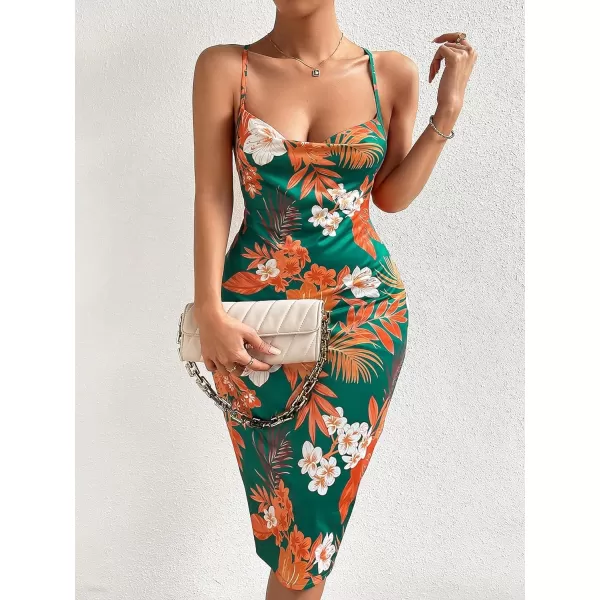 WDIRARA Women's Floral Print Cowl Neck Sleeveless Ruched Split Thigh Satin Cami Summer Dress