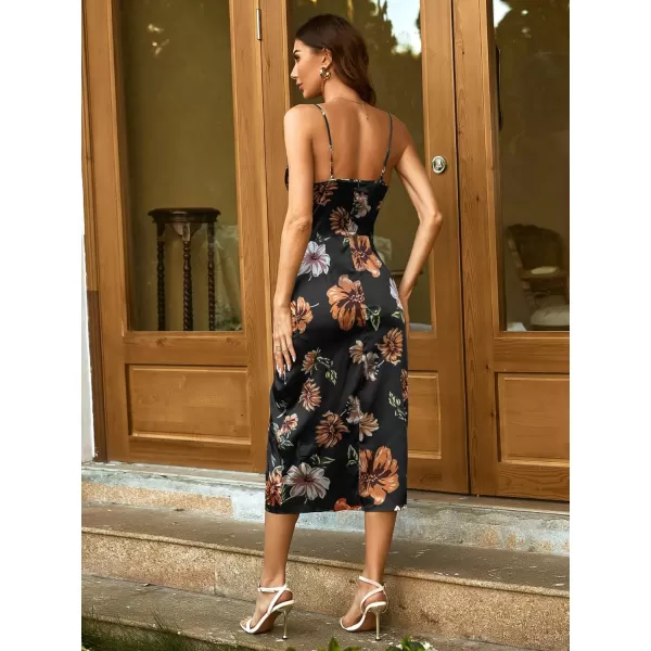 WDIRARA Women's Floral Print Cowl Neck Sleeveless Ruched Split Thigh Satin Cami Summer Dress