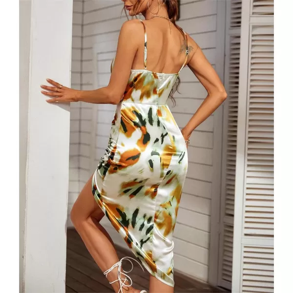 WDIRARA Women's Floral Print Cowl Neck Sleeveless Ruched Split Thigh Satin Cami Summer Dress