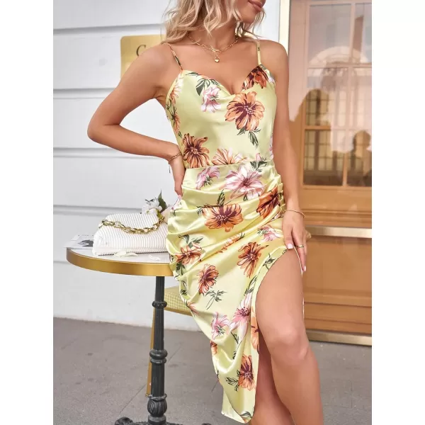 WDIRARA Women's Floral Print Cowl Neck Sleeveless Ruched Split Thigh Satin Cami Summer Dress