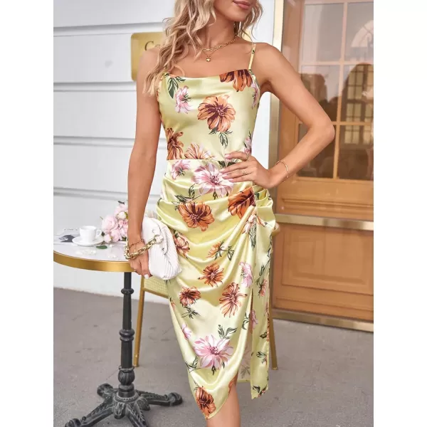 WDIRARA Women's Floral Print Cowl Neck Sleeveless Ruched Split Thigh Satin Cami Summer Dress