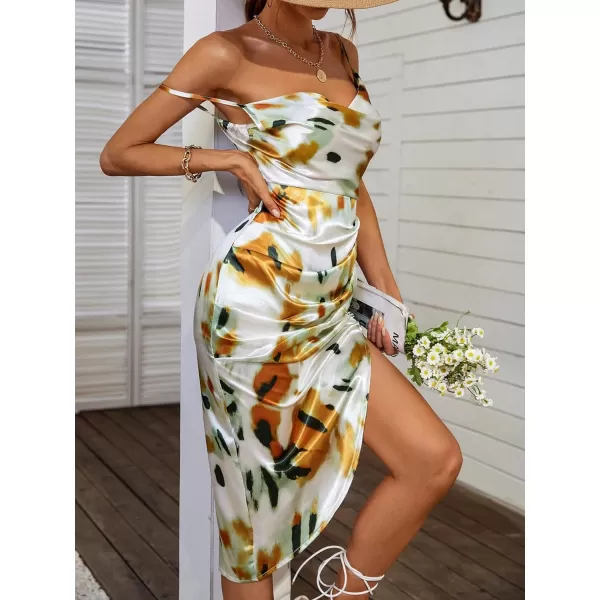 WDIRARA Women's Floral Print Cowl Neck Sleeveless Ruched Split Thigh Satin Cami Summer Dress