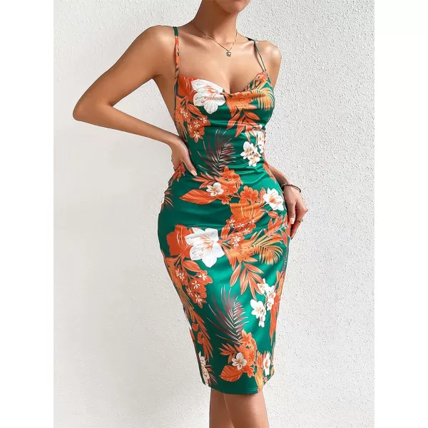 WDIRARA Women's Floral Print Cowl Neck Sleeveless Ruched Split Thigh Satin Cami Summer Dress