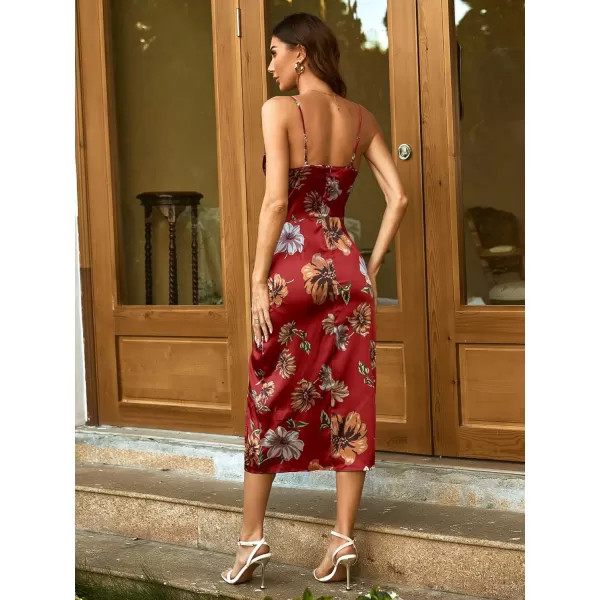 WDIRARA Women's Floral Print Cowl Neck Sleeveless Ruched Split Thigh Satin Cami Summer Dress