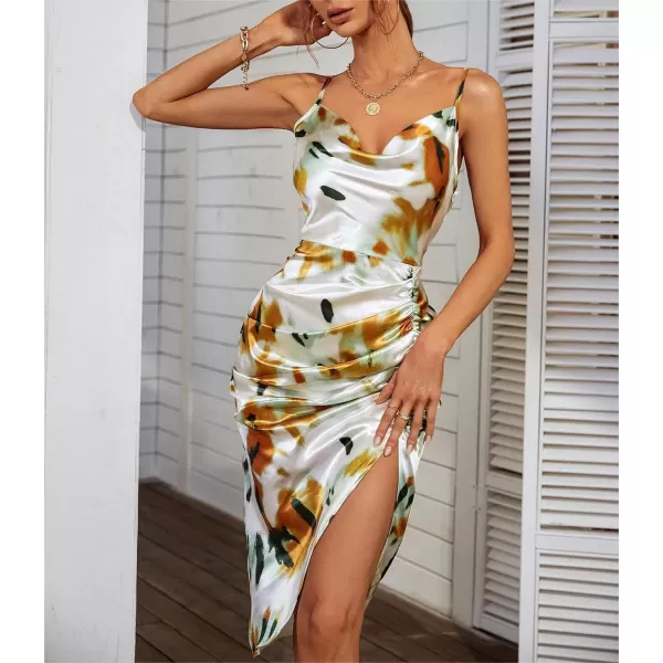 WDIRARA Women's Floral Print Cowl Neck Sleeveless Ruched Split Thigh Satin Cami Summer Dress