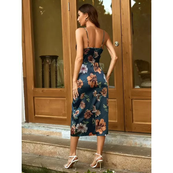 WDIRARA Women's Floral Print Cowl Neck Sleeveless Ruched Split Thigh Satin Cami Summer Dress