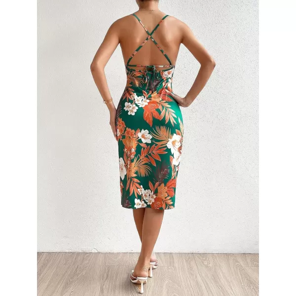 WDIRARA Women's Floral Print Cowl Neck Sleeveless Ruched Split Thigh Satin Cami Summer Dress