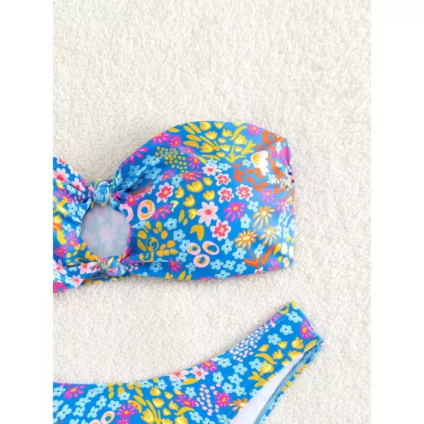 WDIRARA Women's Floral Print Cut Out Strapless Bandeau Bikini Swimsuit 2 Piece Bathing Suit