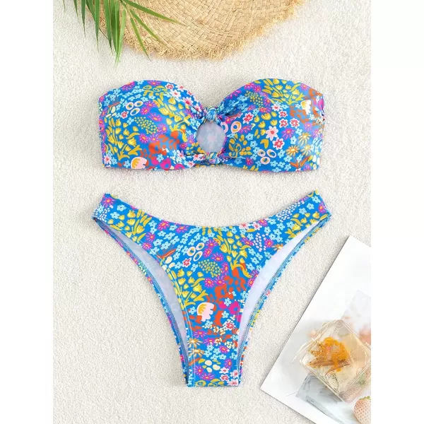 WDIRARA Women's Floral Print Cut Out Strapless Bandeau Bikini Swimsuit 2 Piece Bathing Suit