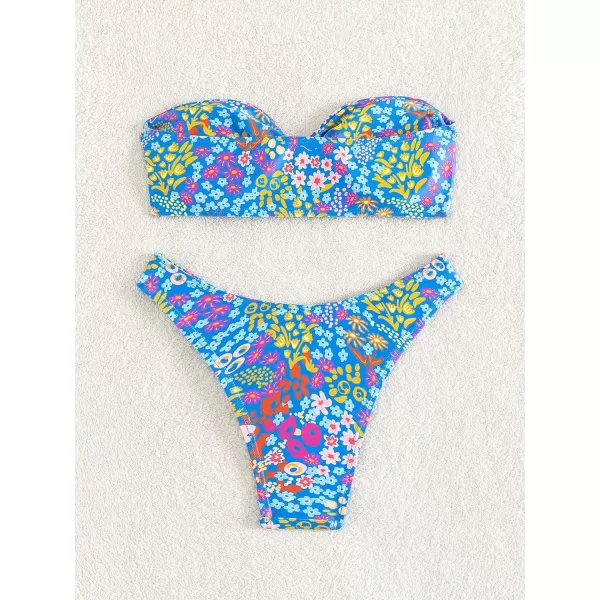 WDIRARA Women's Floral Print Cut Out Strapless Bandeau Bikini Swimsuit 2 Piece Bathing Suit