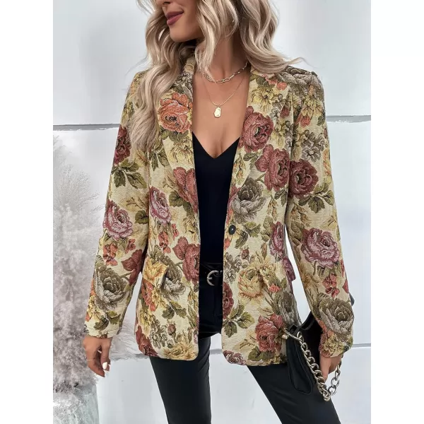 WDIRARA Women's Floral Print Lapel Neck Single Button Lightweight Jacket Blazer with Pocket