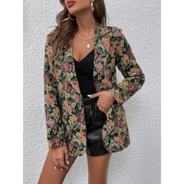 WDIRARA Women's Floral Print Lapel Neck Single Button Lightweight Jacket Blazer with Pocket