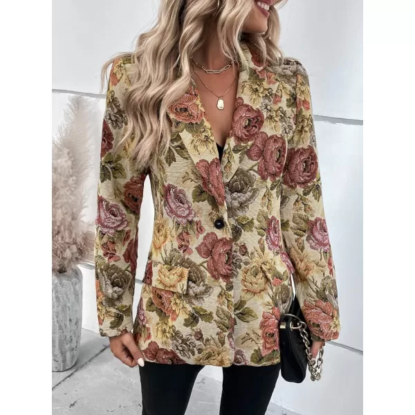 WDIRARA Women's Floral Print Lapel Neck Single Button Lightweight Jacket Blazer with Pocket