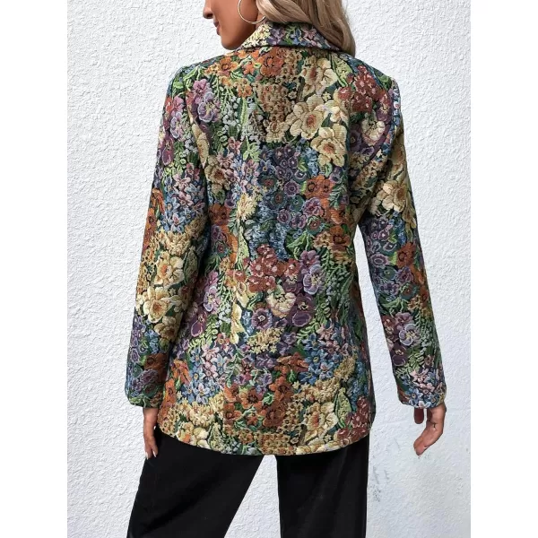 WDIRARA Women's Floral Print Lapel Neck Single Button Lightweight Jacket Blazer with Pocket