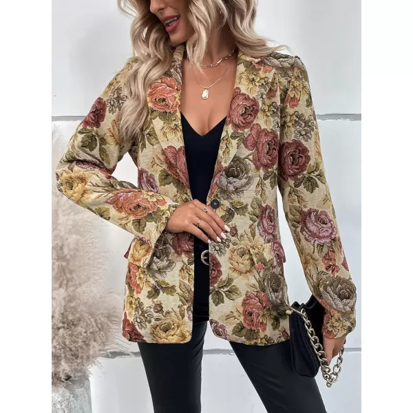 WDIRARA Women's Floral Print Lapel Neck Single Button Lightweight Jacket Blazer with Pocket