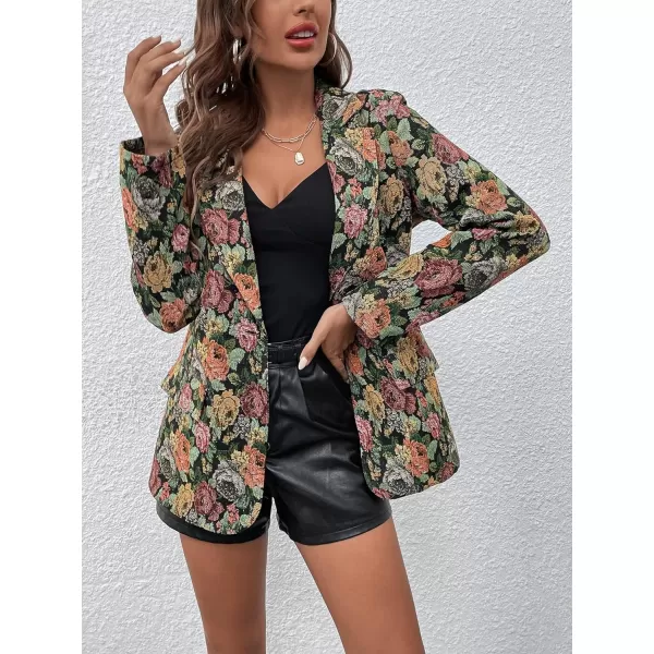 WDIRARA Women's Floral Print Lapel Neck Single Button Lightweight Jacket Blazer with Pocket