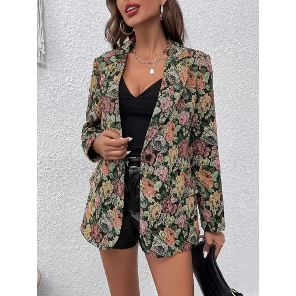 WDIRARA Women's Floral Print Lapel Neck Single Button Lightweight Jacket Blazer with Pocket