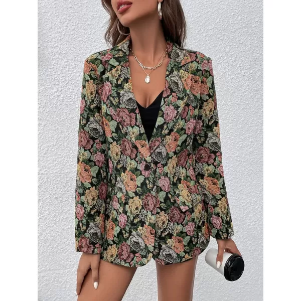 WDIRARA Women's Floral Print Lapel Neck Single Button Lightweight Jacket Blazer with Pocket