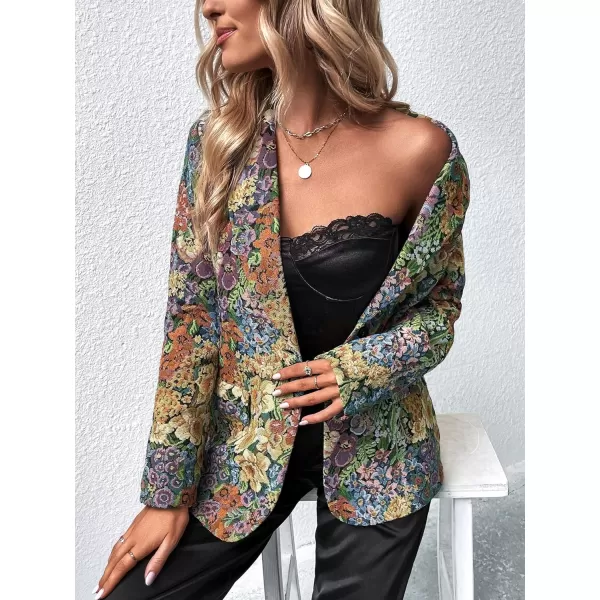 WDIRARA Women's Floral Print Lapel Neck Single Button Lightweight Jacket Blazer with Pocket