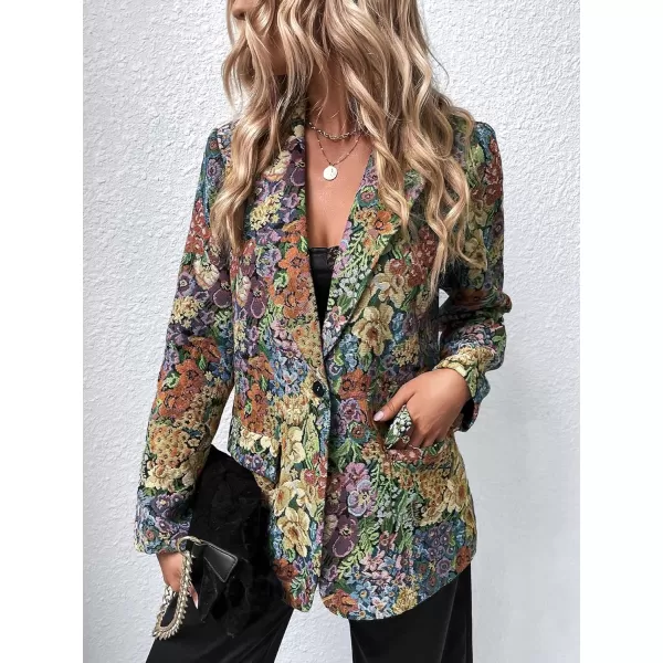 WDIRARA Women's Floral Print Lapel Neck Single Button Lightweight Jacket Blazer with Pocket