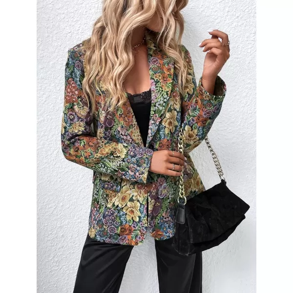 WDIRARA Women's Floral Print Lapel Neck Single Button Lightweight Jacket Blazer with Pocket