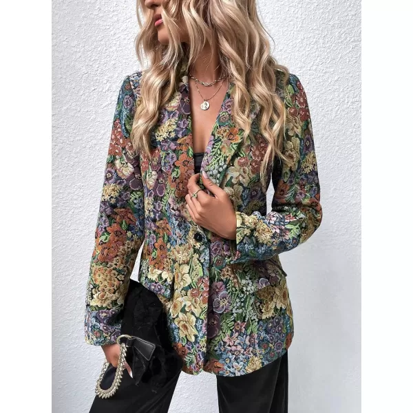 WDIRARA Women's Floral Print Lapel Neck Single Button Lightweight Jacket Blazer with Pocket