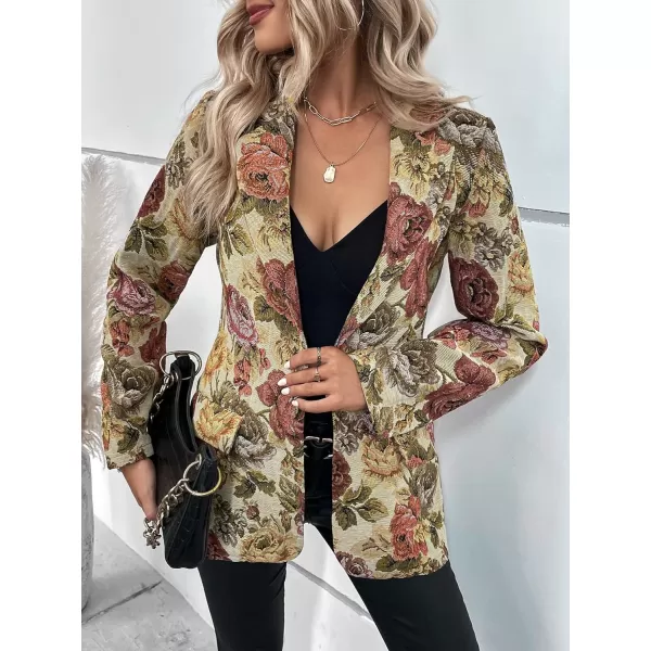 WDIRARA Women's Floral Print Lapel Neck Single Button Lightweight Jacket Blazer with Pocket