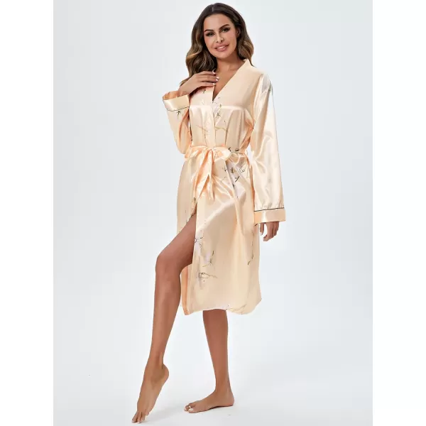 WDIRARA Women's Floral Print Long Sleeve Satin Long Robe Bridesmaid Wedding Party Robe