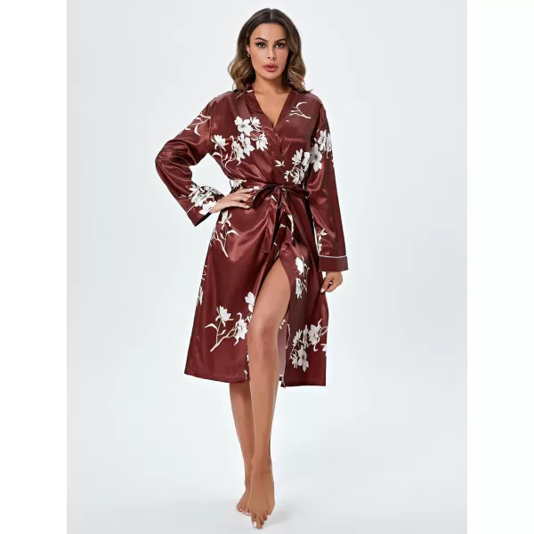 WDIRARA Women's Floral Print Long Sleeve Satin Long Robe Bridesmaid Wedding Party Robe