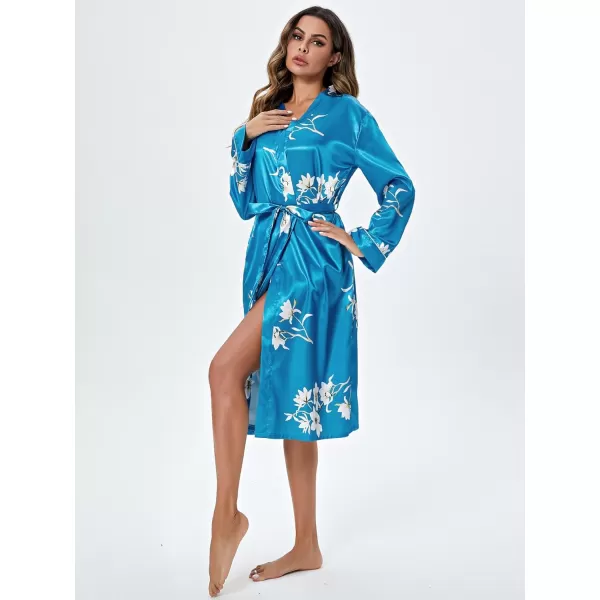 WDIRARA Women's Floral Print Long Sleeve Satin Long Robe Bridesmaid Wedding Party Robe