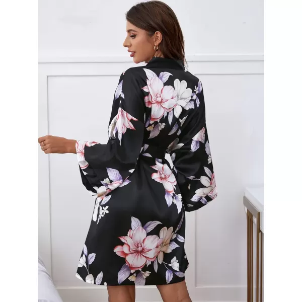 WDIRARA Women's Floral Print Long Sleeve Satin Long Robe Bridesmaid Wedding Party Robe