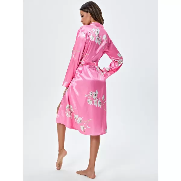 WDIRARA Women's Floral Print Long Sleeve Satin Long Robe Bridesmaid Wedding Party Robe
