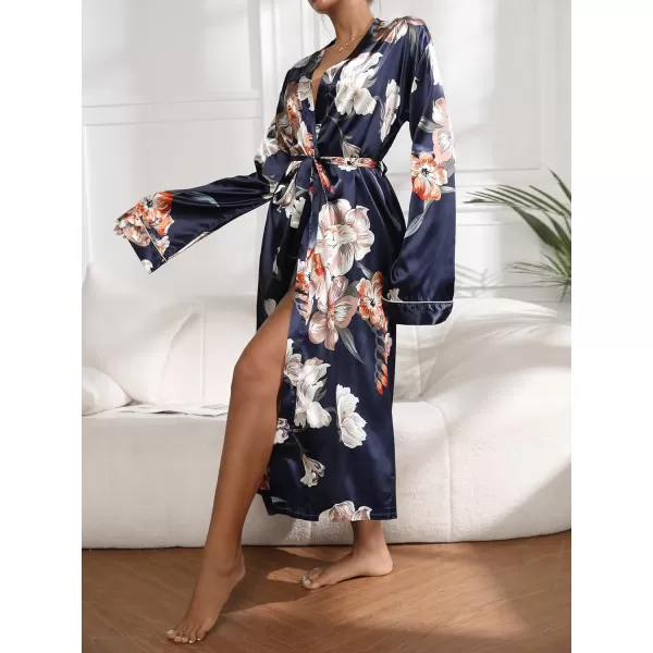 WDIRARA Women's Floral Print Long Sleeve Satin Long Robe Bridesmaid Wedding Party Robe