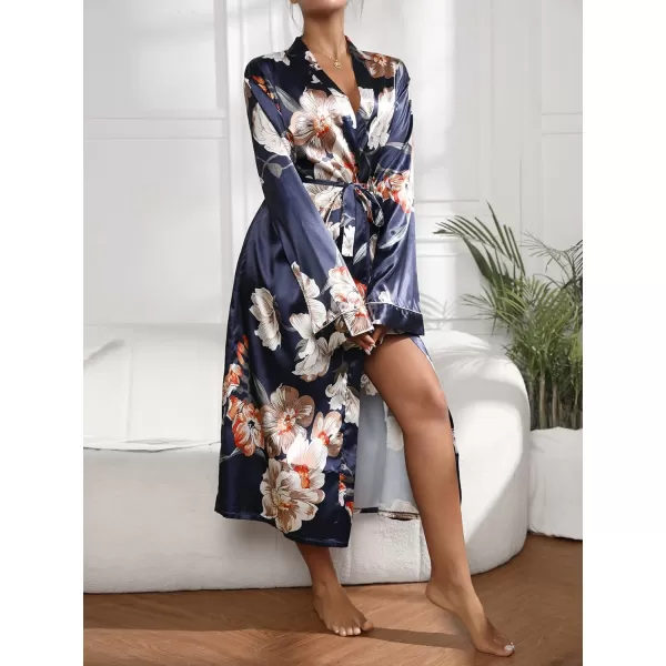 WDIRARA Women's Floral Print Long Sleeve Satin Long Robe Bridesmaid Wedding Party Robe