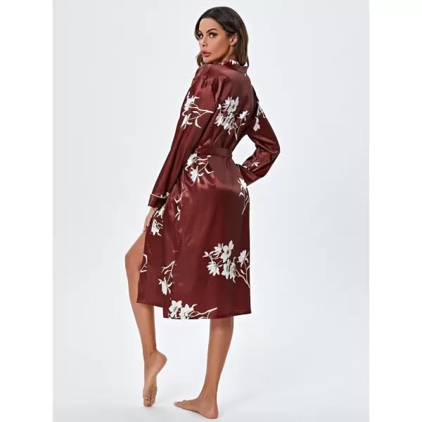 WDIRARA Women's Floral Print Long Sleeve Satin Long Robe Bridesmaid Wedding Party Robe