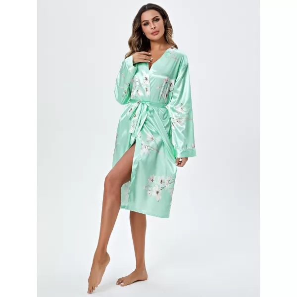 WDIRARA Women's Floral Print Long Sleeve Satin Long Robe Bridesmaid Wedding Party Robe