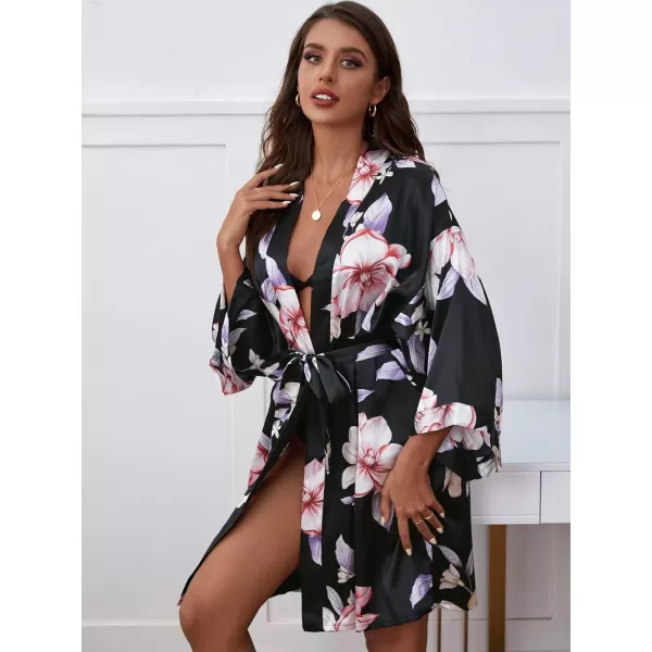 WDIRARA Women's Floral Print Long Sleeve Satin Long Robe Bridesmaid Wedding Party Robe